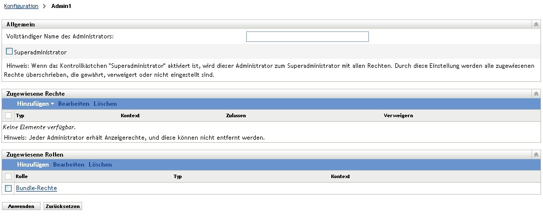 Seite "Administratoreinstellungen"