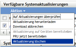 Kontrollleiste "Systemaktualisierungsstatus" mit geöffnetem Menü "Aktionen" (Aktion "Aktualisierung löschen" hervorgehoben)