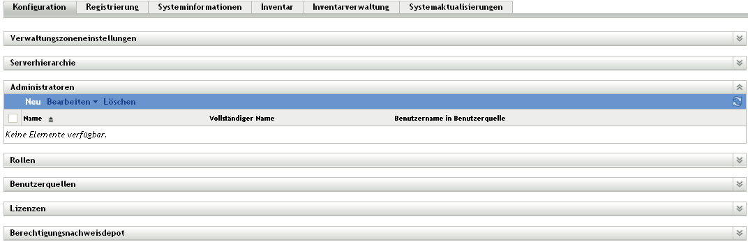 Kontrollleiste "Administratoren" der Registerkarte "Konfiguration" im ZENworks-Kontrollzentrum