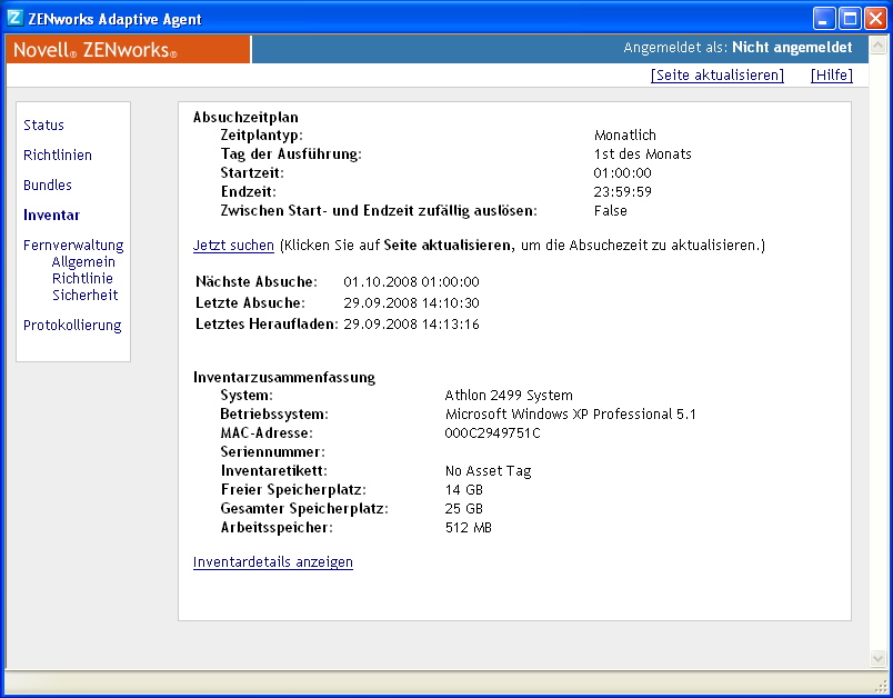 Seite „Eigenschaften“ des ZENworks Adaptive Agent > Registerkarte „Inventar“