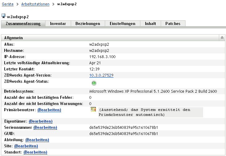 Allgemeine Details für ein Arbeitsstationsgerät