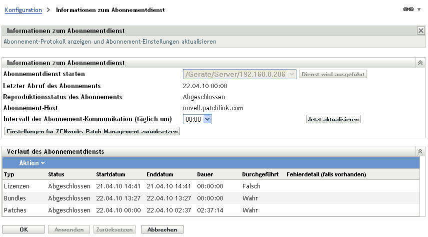 Seite „Informationen zum Abonnementdienst“