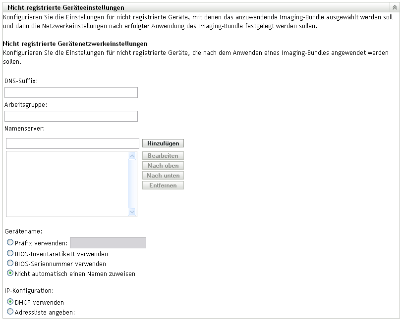 Bereich „Nicht registrierte Geräteeinstellungen“