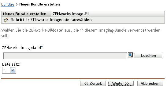 Assistent zum Erstellen neuer Bundles - Seite „ZENworks Imagedatei auswählen“