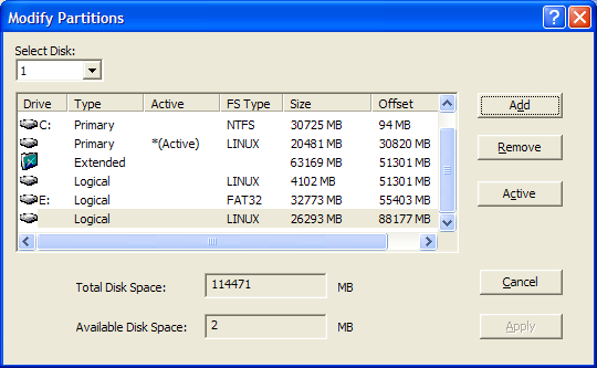 Fenster „Modify Partitions“