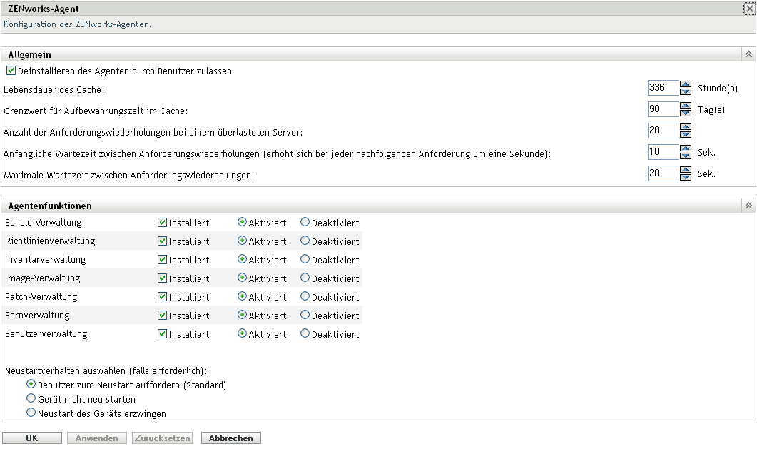 Seite ZENworks-Agent> Kontrollleiste Agentenfunktionen