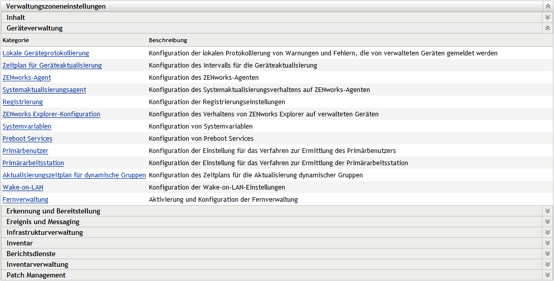 Bereich Einstellungen für die Verwaltungszone