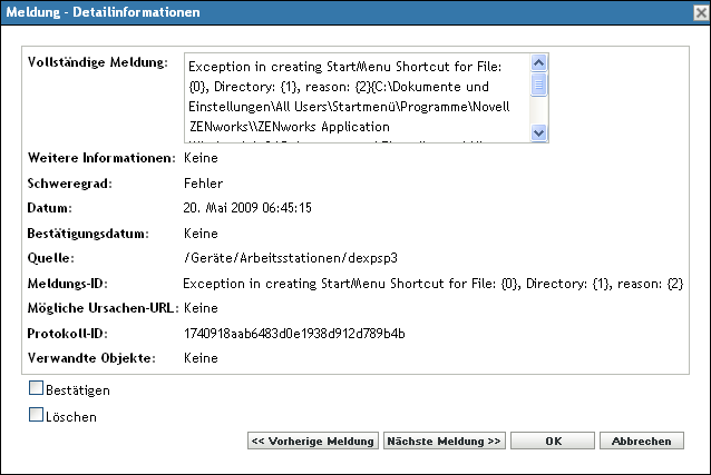 Dialogfeld „Meldung - Detailinformationen“