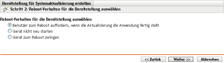 Assistentenseite „Neustartverhalten für Bereitstellung auswählen“