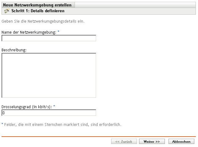 Seite „Details definieren“ des Assistenten zur Erstellung einer neuen Netzwerkumgebung