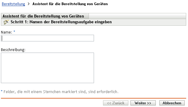Seite „Name der Bereitstellungsaufgabe eingeben“