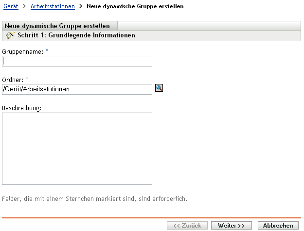 Assistent „Neue Gruppe erstellen“- Seite „Grundlegende Informationen“