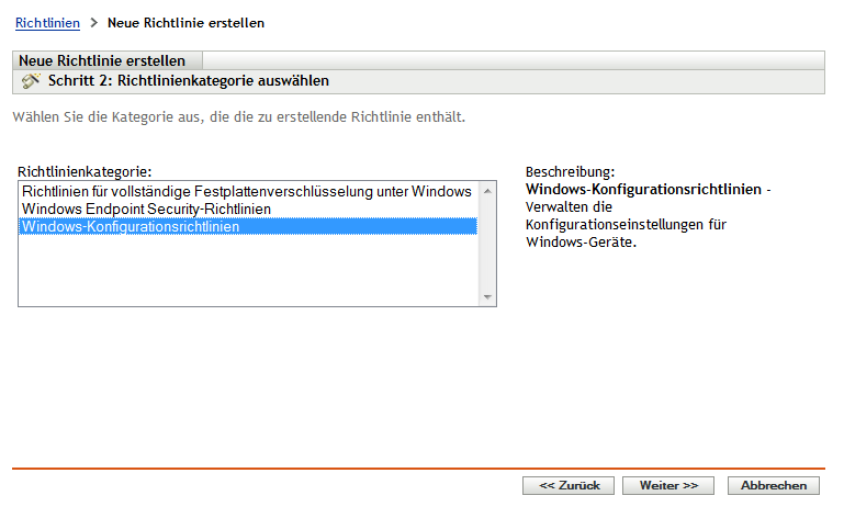 Seite „Richtlinienkategorie auswählen“ im Assistenten zum Erstellen neuer Richtlinien
