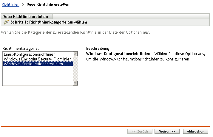 Seite „Richtlinienkategorie auswählen“ im Assistenten zum Erstellen neuer Richtlinien