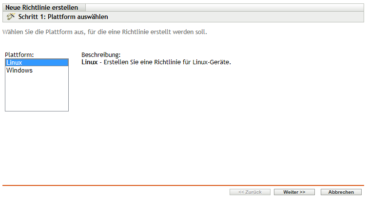 Seite zum Auswählen der Plattformkategorie im Assistenten zum Erstellen neuer Richtlinien