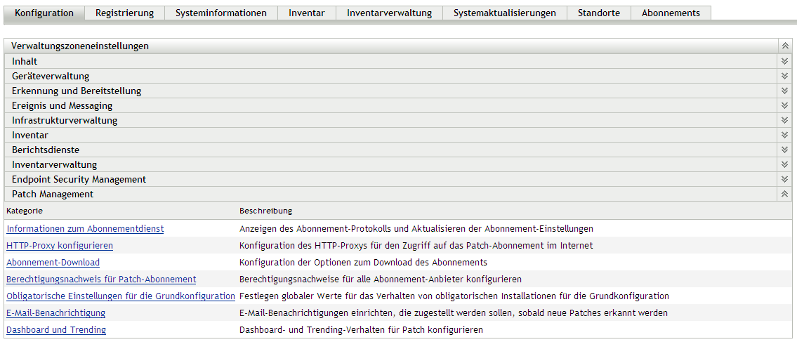 Registerkarte „Konfiguration“, Abschnitt „Patch Management“