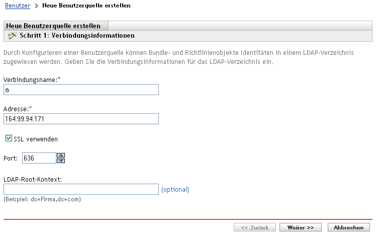 Assistent „Neue Benutzerquelle erstellen“ - Seite „Verbindungsinformationen“