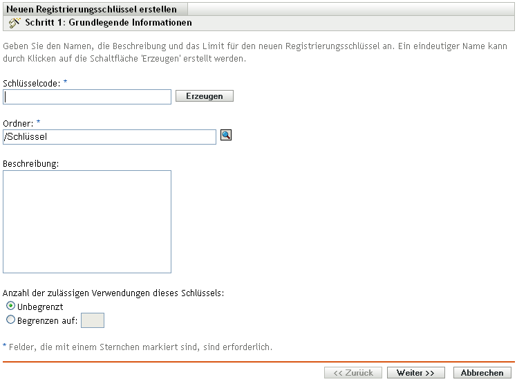 Assistent „Neuen Registrierungsschlüssel erstellen“- Seite „Grundlegende Informationen“