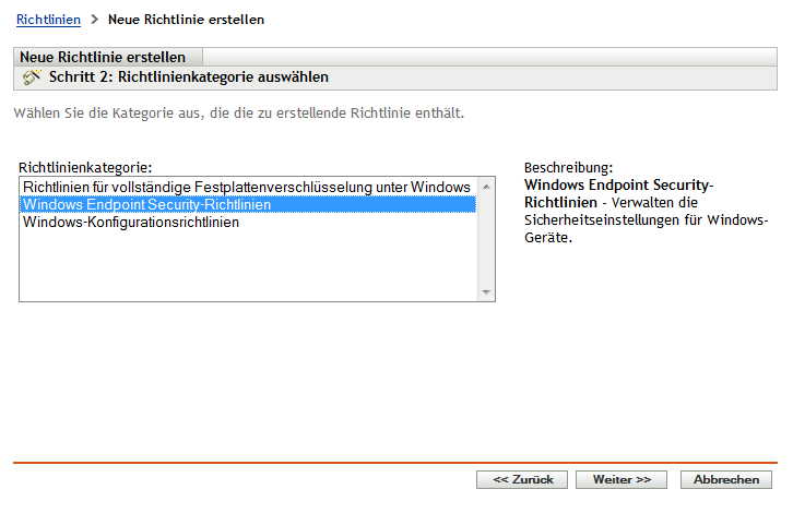 Seite „Richtlinienkategorie auswählen“ im Assistenten zum Erstellen neuer Richtlinien