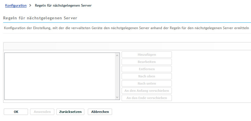 Bereich „Regeln für nächstgelegenen Server“