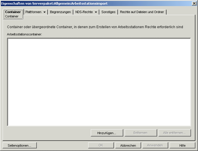 Die Seite "Container" der Arbeitsstationsimport-Richtlinie.