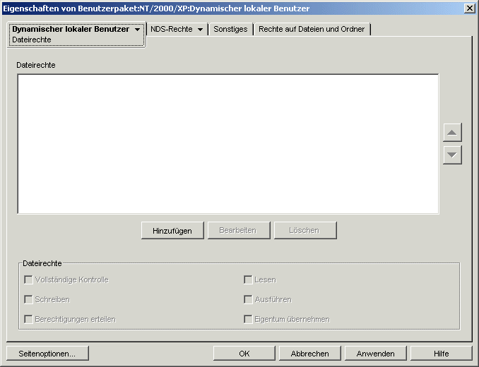 Die Seite "Dateirechte" der Richtlinie für dynamische lokale Benutzer.