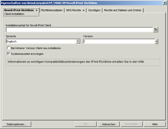 Die Seite "Client-Installation" der Novell iPrint-Richtlinie.