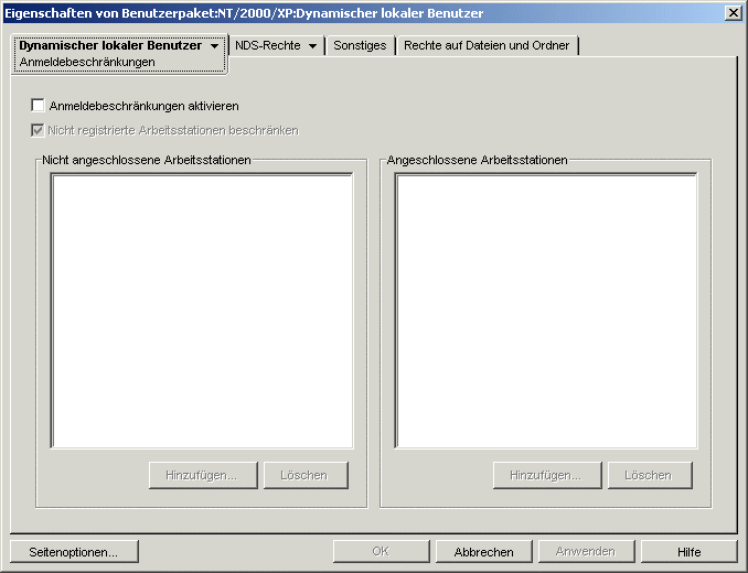 Die Seite "Anmeldebeschränkungen" der Richtlinie für dynamische lokale Benutzer.