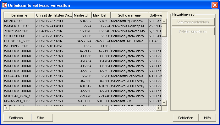 Tabelle "Unbekannte Software verwalten"