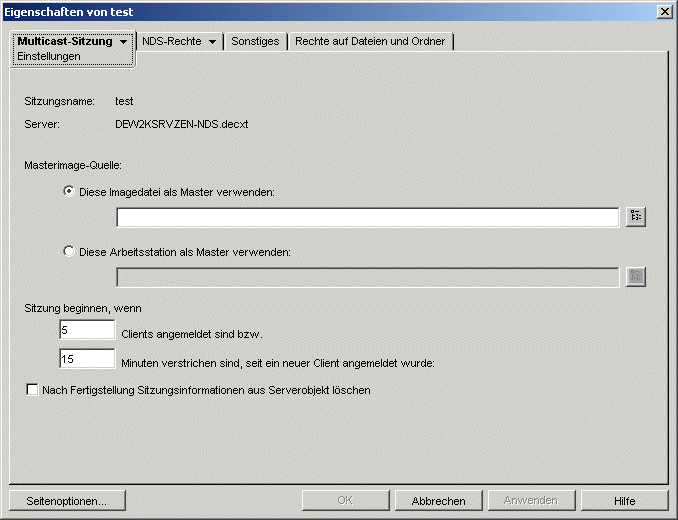 Seite "Einstellungen für Multicast-Sitzungen".