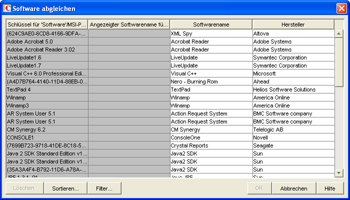 Tabelle "Software abgleichen"