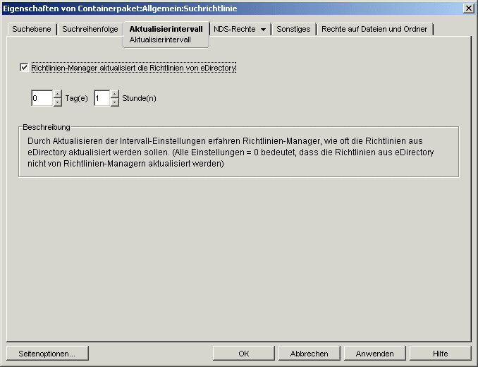 Die Seite "Aktualisierungsintervall" der Suchrichtlinie.