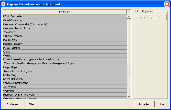 Dialogfeld "Abgesuchte Software aus Datenbank"