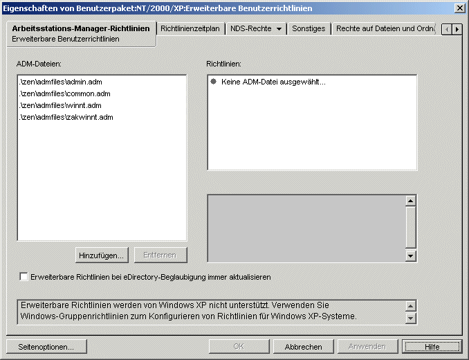 Die Seite "Erweiterbare Benutzerrichtlinien".