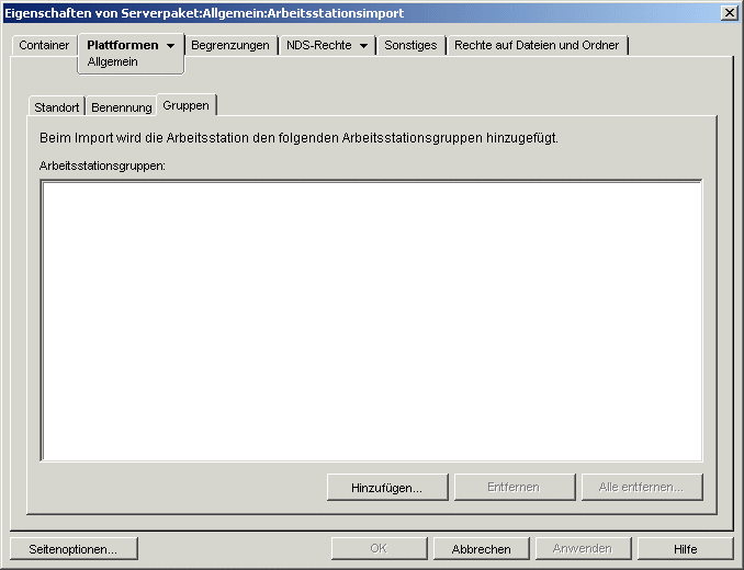 Die Seite "Gruppen" der Arbeitsstationsimport-Richtlinie.