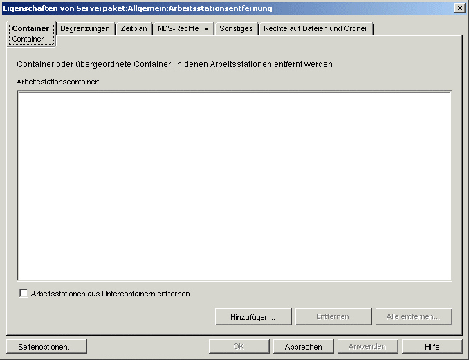 Die Seite "Container" der Arbeitsstationsentfernungs-Richtlinie.