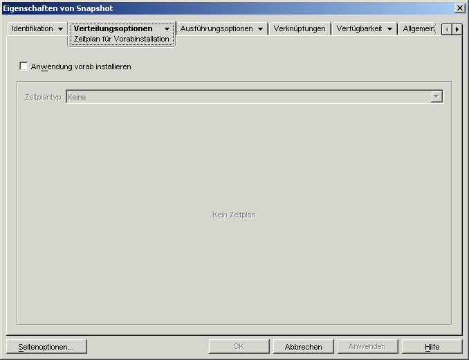 Seite "Zeitplan für Vorabinstallation" des Anwendungsobjekts