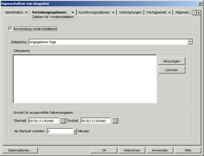 Seite "Zeitplan für Vorabinstallation" des Anwendungsobjekts mit dem Zeitplantyp "Angegebene Tage"