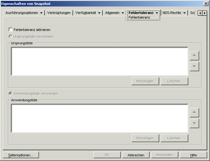 Seite "Fehlertoleranz" des Anwendungsobjekts