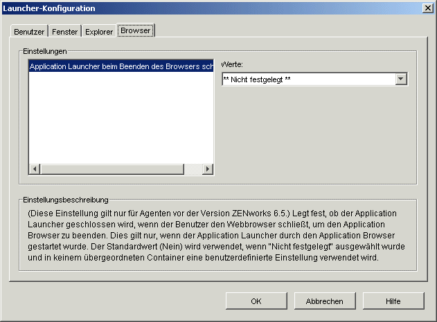 Dialogfeld "Launcher-Konfiguration" mit angezeigter Registerkarte "Browser"