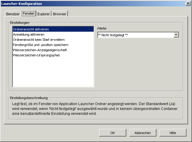 Dialogfeld "Launcher-Konfiguration" mit angezeigter Registerkarte "Fenster"