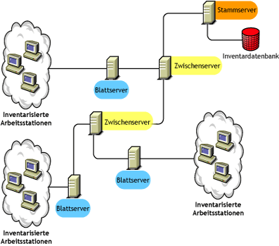 Blattserver, die ein Roll-up von Inventarinformationen zum Zwischenserver durchführen. Der Zwischenserver führt ein Roll-up von Inventarinformationen zum Stammserver durch.