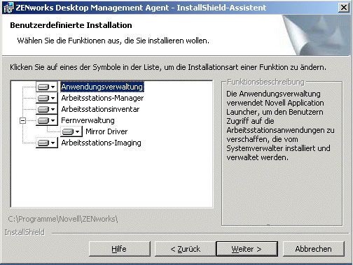 Die Seite mit den verfügbaren Funktionen des Installationsassistenten für den ZENworks Desktop Management-Agenten.