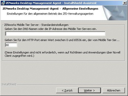 Die Seite mit allgemeinen Einstellungen des Installationsassistenten für den ZENworks Desktop Management-Agenten.