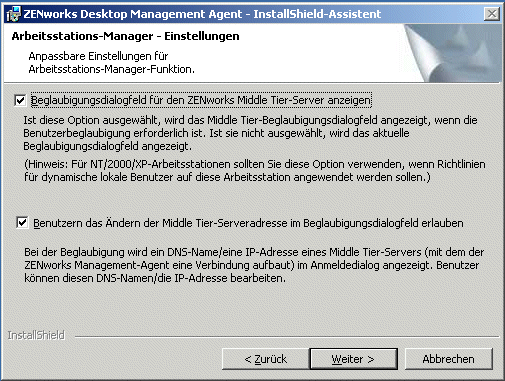 Die Seite "Arbeitsstations-Manager-Einstellungen" mit den verfügbaren Funktionen des Installationsassistenten für den ZENworks Desktop Management-Agenten.