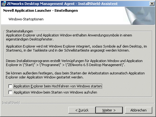 Die Seite "Novell Application Launcher - Einstellungen / Windows-Startoptionen" des Installationsassistenten für den ZENworks Desktop Management-Agenten.