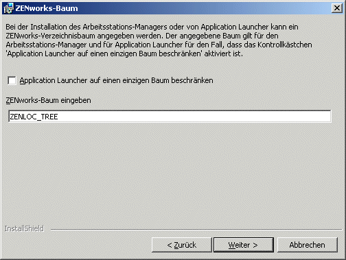 Die Seite "ZENworks-Baum" des Installationsassistenten für den ZENworks Desktop Management-Agenten.