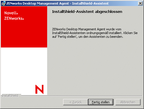 Die Abschlussseite des Installationsassistenten für den ZENworks Desktop Management-Agenten.