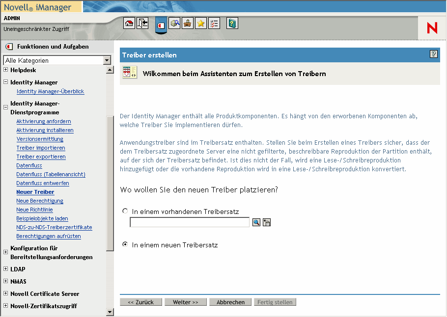 Fenster des Assistenten zum Erstellen von Treibern auf der Hauptseite von Novell iManager.