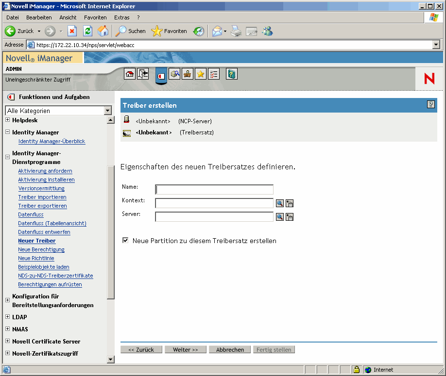 Fenster des Assistenten zum Erstellen von Treibern auf der Hauptseite von Novell iManager. 